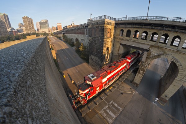 Terminal Railroad Association of St. Louis northbound transfer freight train (Lindenwood to Madison) passing under the Eads Bridge in St. Louis, Missouri, on the morning of September 30, 2014.