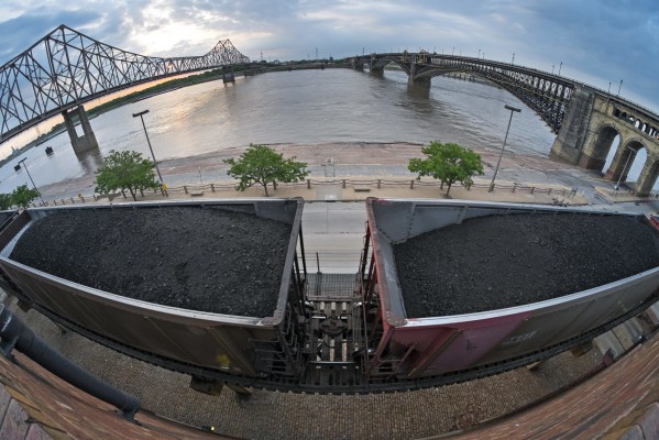 Westbound BNSF Railway unit coal train on the Terminal Railroad Association's High Line in downtown St. Louis, Missouri, on the morning of May 22, 2014.