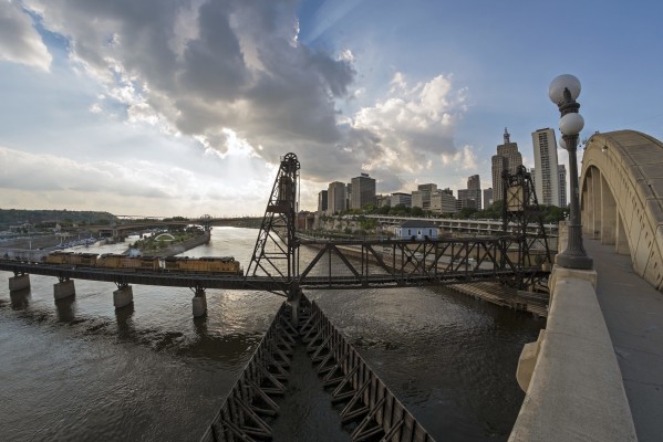 Union Pacific eastbound DDG unit train crossing the Robert Street Lift Bridge over the Mississippi River on the afternoon of September 17, 2014.