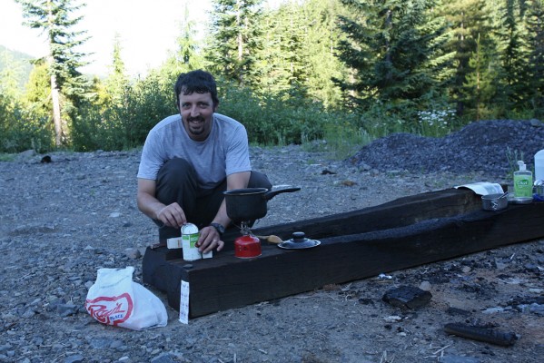 Utilizing two damaged cross ties along National Forest Road 5884, Chef Scott prepares a true Oregon Cascades delicacy—chili mac!