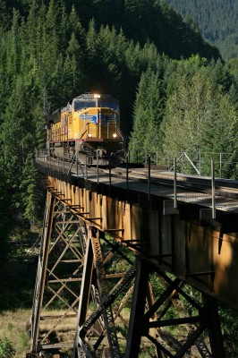 Union Pacific's Roseville to Portland  freight train (MRVPT) crossing Salt Creek and Highway 58 at Heather, Oregon.