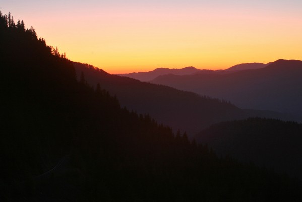 Haze from the distant Willamette Valley lends a wash of color to twilight in the Cascades at Cruzatte, Oregon.