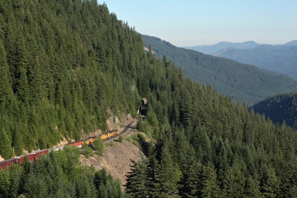 Union Pacific's Roseville to Portland freight train (MRVPT) descending the Cascades at Cruzatte, Oregon.