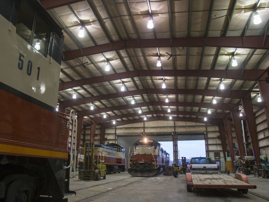 At the end of an October day in 2008, power from the St. Maries River Railroad's Plummer Turn pulls into the three-track shop in St. Maries, Idaho.