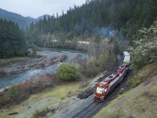 Central Oregon and Pacific Railroad freight train exiting Cow Creek Canyon near Riddle, Oregon, on February 1, 2010.