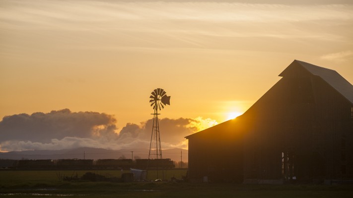 Union Pacific Railroad freight train heading north past a windmill in the Willamette Valley near Halsey, Oregon, as the sun sets on February 16, 2010.