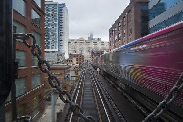 View out the rear of an outbound Chicago L train near Armitage station.