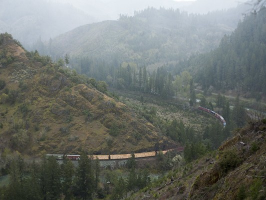 Central Oregon and Pacific Railroad freight train negotiating a horseshoe curve in Cow Creek Canyon near Peck, Oregon, on April 8, 2010.