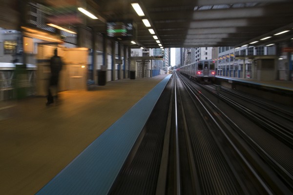 Passing through Clark station on the Chicago L.