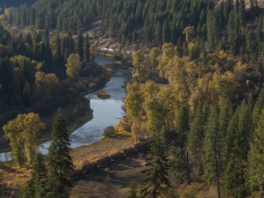 The sun sets early in October in the high country of Idaho's panhandle. With the trees at peak color, the shadows creeping in, and the St. Maries River Railroad's inbound Clarkia logger approaching, we head for Mashburn—the last place on the line to find any sunlight— and hope the train will beat the shadows.