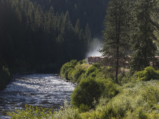 Brake shoes smoke as the St. Maries River Railroad's inbound Clarkia Logger rolls down its namesake Idaho stream on a July afternoon in 2005. The railroad operating nearly four hundred former Milwaukee Road log cars, all with friction bearing trucks.