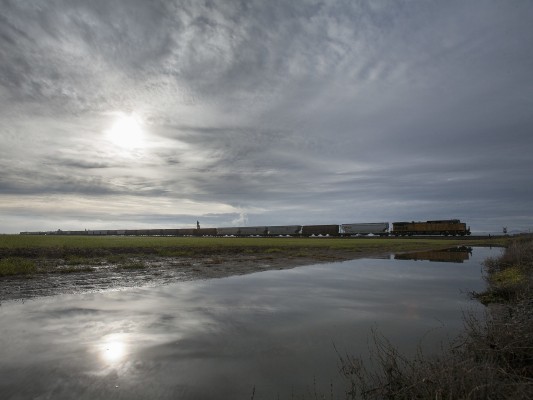 A single locomotive operating in distributed power mode brings up the rear of Union Pacific's Hinkle-Roseville freight train heading south through western Oregon's Willamette Valley on January 3, 2010.