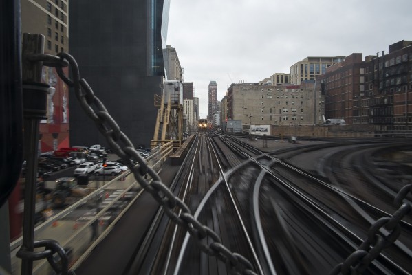 Rolling through Tower 12 at the southeast corner of the Loop on the Chicago L.