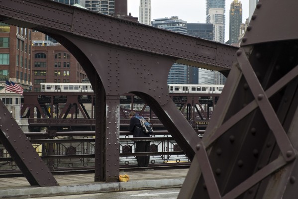 Brown Line train crossing the Chicago River on the Wells Street Bridge.