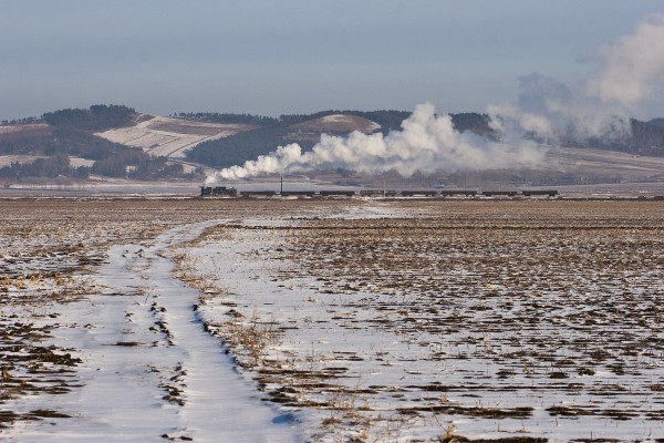 A coal train of the Huanan Forestry Railway steams through snow-dusted fields east of Huanan, Heilongjiang, China, on November 26, 2005.