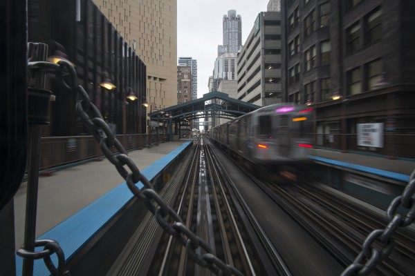 Chicago L trains passing on the Loop.