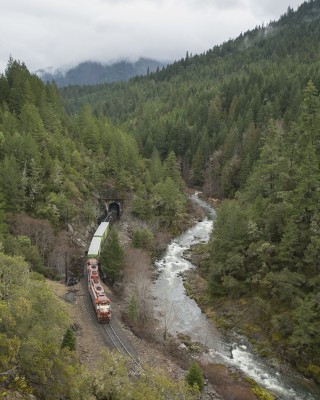 Central Oregon and Pacific Railroad freight train between tunnels in Cow Creek Canyon northwest of Glendale, Oregon, on February 1, 2010.