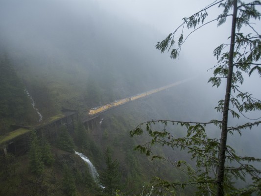 Union Pacific business train south about to enter Tunnel 11 on the characteristically wet spring day of June 2, 2010, in the Oregon Cascades.