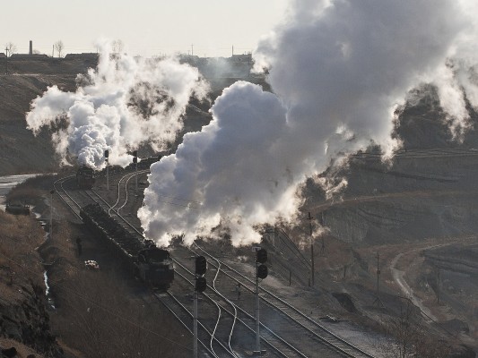 Two trains inside the massive Zhalainuoer coal mine.