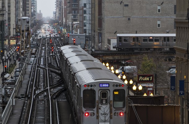 Two L trains meet at Tower 12 in the southeast corner of the Loop in downtown Chicago.