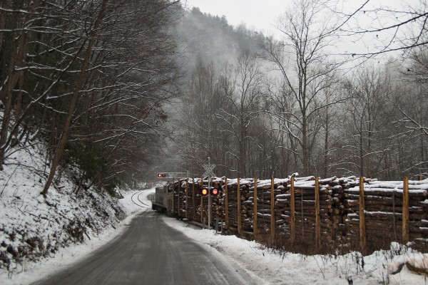 West Virginia Southern's only locomotive struggles to move three loaded log cars up Loop Creek near Thurmond, West Virginia, on a dreary winter day in 2005.