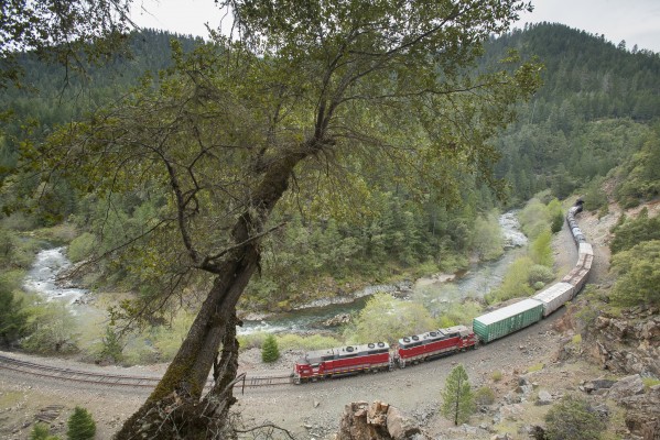 Central Oregon and Pacific freight train curving along Cow Creek just west of Glendale, Oregon, on April 19, 2010.