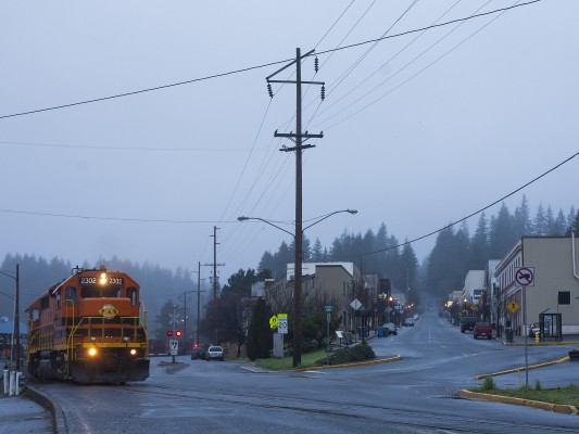 Portland and Western's Toledo Hauler prepares to depart its namesake town near the Oregon coast at dawn on March 31, 2011.