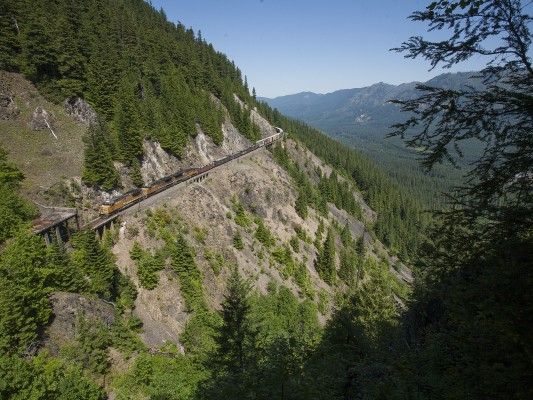Union Pacific southbound freight train (symbol QHKRV) approaching Tunnel 11 in the Oregon Cascades on the morning of July 9, 2010.