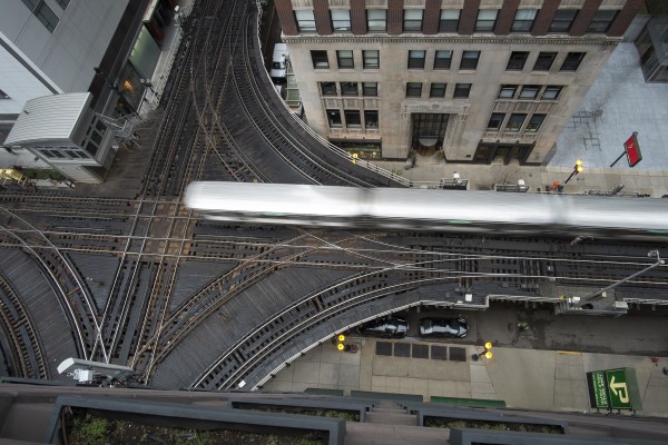 An outbound Green Line train streaks through Tower 18 on the northwest corner of Chicago's Loop.