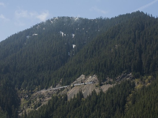 Amtrak's <i>Coast Starlight</i> passenger train no. 14 rolls north along the flank of Coyote Mountain between tunnels 11 and 12 in the Oregon Cascades on May 23, 2009.