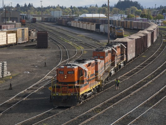 Portland and Western GP9 locomotive 1803 leads the railroad's Toledo Hauler as the train prepares to depart the yard in Albany, Oregon, on the afternoon of April 25, 2009.