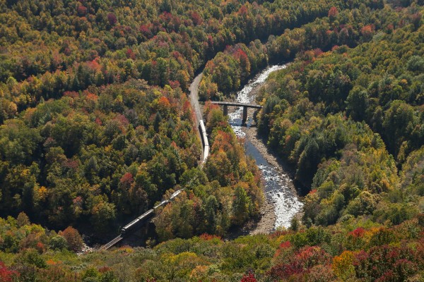 West Virginia Central passenger train crossing the Shavers Fork of the Cheat River at Cheat Junction, West Virginia, on the former Western Maryland Railway.