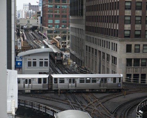 Chicago L trains passing at Tower 18 in the northwest corner of the Loop.