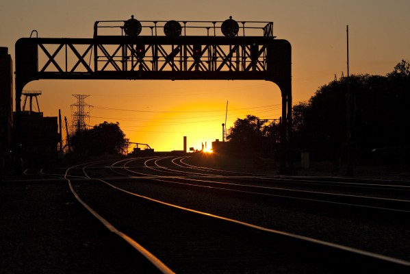 Former Pennsylvania Railroad position-light signal bridge at Racine Avenue in Chicago at sunset on September 14, 2011.