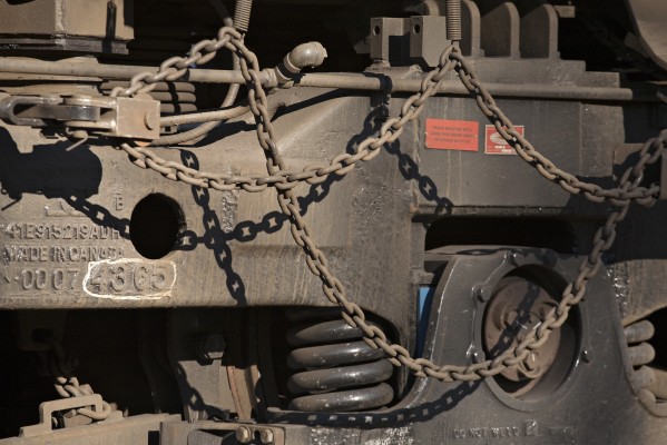 Detail of rear truck on BC Rail no. 4644 at Canadian National's Markham Yard in Homewood, Illinois, on November 5, 2011.