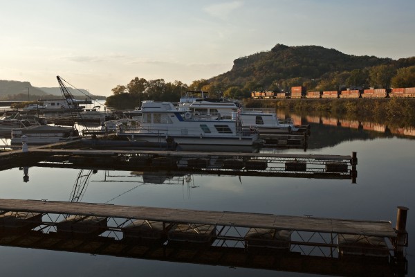 BNSF westbound intermodal train at the Sunset Bay Marina in Trempealeau, Wisconsin, on October 9, 2011.