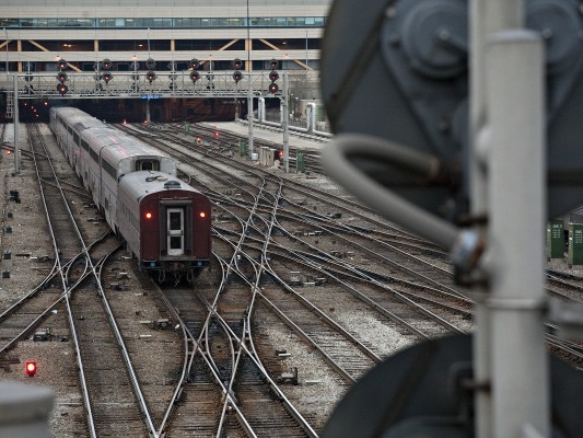 Amtrak passenger train no. 4, the eastbound Southwest Chief, arriving into Chicago Union Station with an FRA inspection car on the rear on November 6, 2011.