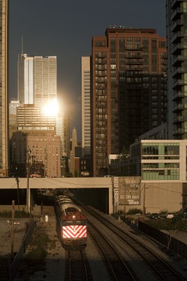Outbound Metra commuter train departing downtown Chicago at North Halstead Street on September 14, 2011.