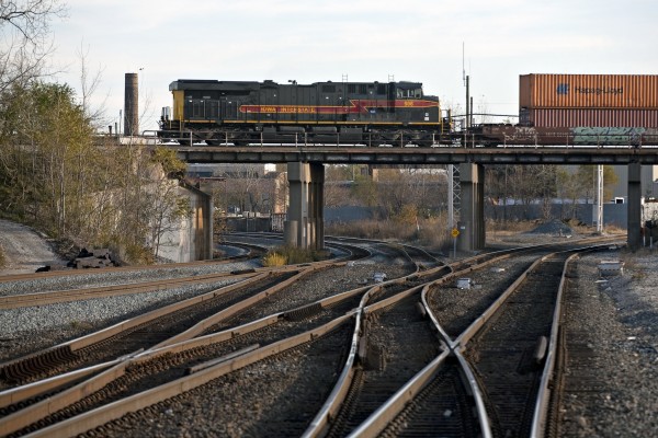 Iowa Interstate train CBBI--with a single GE wide cab running long-hood forward--on the Metra Rock Island District crossing over the CSX and Indiana Harbor Belt lines at Blue Island, Illinois, on November 5, 2011.
