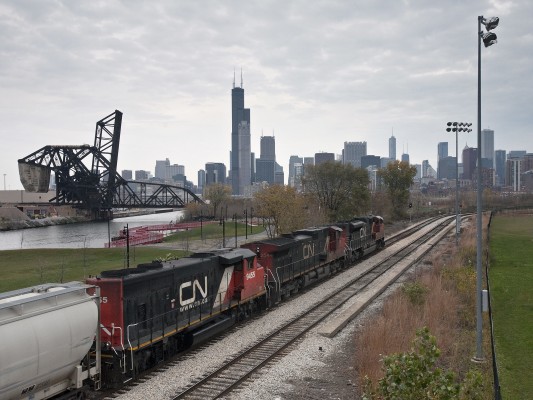 Canadian National eastbound freight train M338 from Iowa passing downtown Chicago on November 6, 2011.