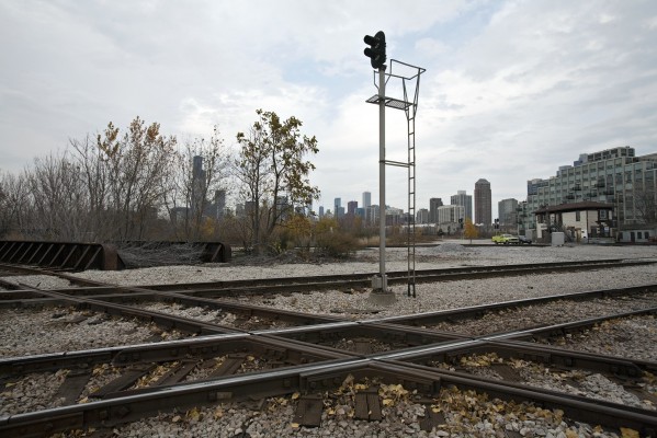16th Street crossing just south of downtown Chicago on November 6, 2011. In the foreground, Canadian National's ex-IC line crosses a connecting track between the Metra Rock Island line at right and the St. Charles Air Line to the left.