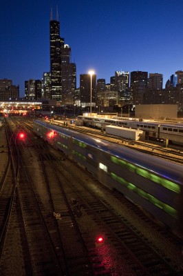 Inbound Metra commuter train arriving at Chicago Union Station at dawn on September 15, 2011.