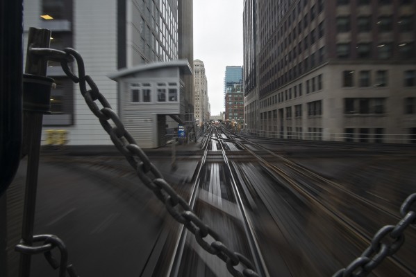 Passing Tower 18, at the northwest corner of the Loop, in a Chicago L train.