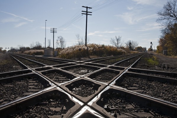 Thorton Crossing in South Holland, Illinois. View is looking east on the Canadian National (left) and south on the Union Pacific. November 5, 2011.