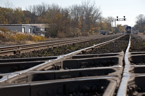Amtrak passenger train no. 51, the westbound "Cardinal," approaching Thornton Crossing in South Holland, Illinois, on November 5, 2011. The crew had to stop the train and manually line the crossovers.