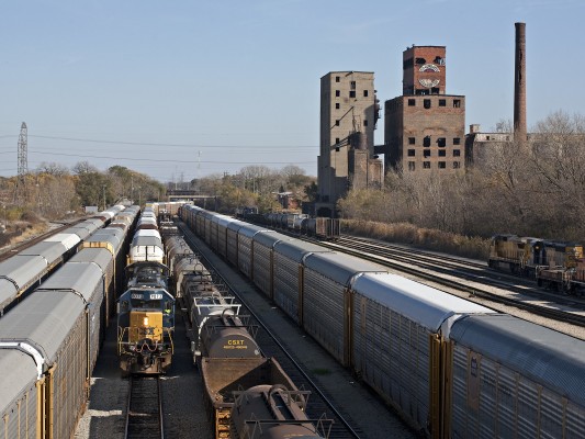 CSX westbound autorack train arriving in the Indiana Harbor Belt's Blue Island Yard in Riverdale, Illinois, on November 5, 2011. The view is looking east off the Halstead Avenue overpass.