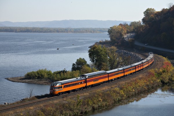 Amtrak special passenger train operated by the Friends of the 261 eastbound at Maple Springs, Minnesota, on October 9, 2011, on a fundraising trip to help rebuild steam locomotive no. 261.