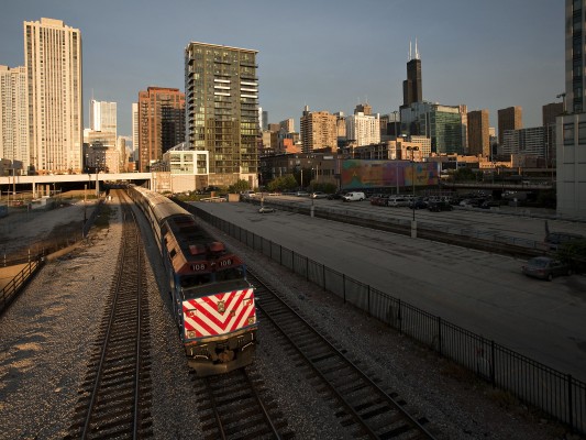 Inbound Metra commuter train as seen from North Halstead Street in downtown Chicago on September 14, 2011.