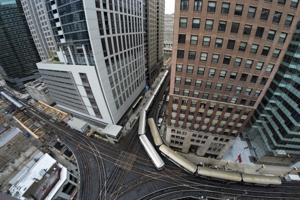 Three L trains converge at Tower 18 in the northwest corner of Chicago's Loop.