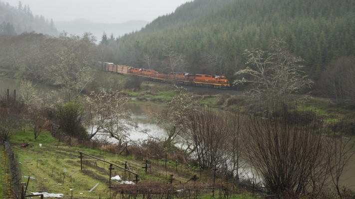 Portland and Western's Toledo Hauler rolls east up the Yaquina River, passing a backyard garden on March 31, 2011.